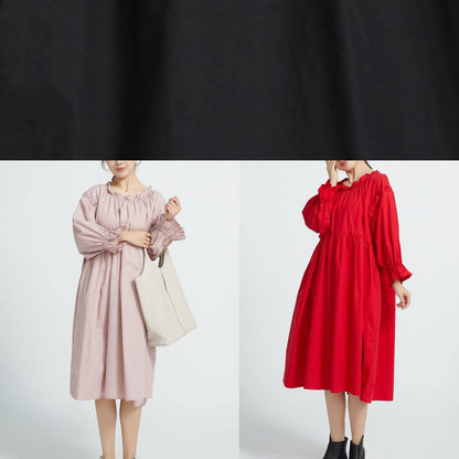 New High Waist Cotton Ruffles Collar Dresses Wardrobes Pink Long Dresses