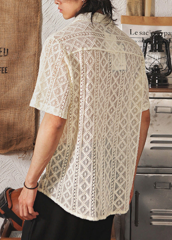 New Japanese Breathable Hollow Lace Cuban Collar Short Sleeved Shirt