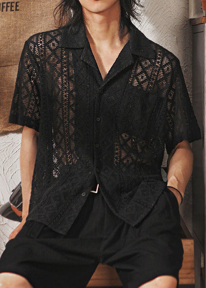 New Japanese Breathable Hollow Lace Cuban Collar Short Sleeved Shirt