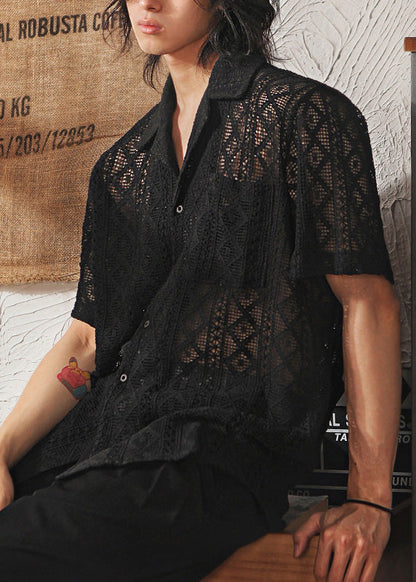 New Japanese Breathable Hollow Lace Cuban Collar Short Sleeved Shirt