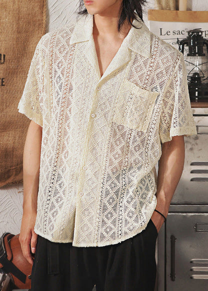 New Japanese Breathable Hollow Lace Cuban Collar Short Sleeved Shirt