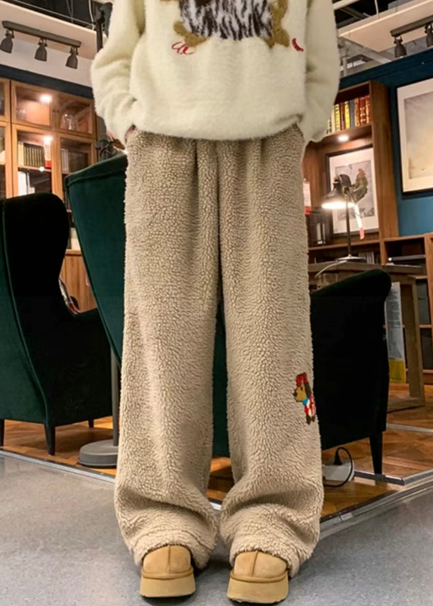 New Khaki Animal Pockets Teddy Faux Fur Pants Winter