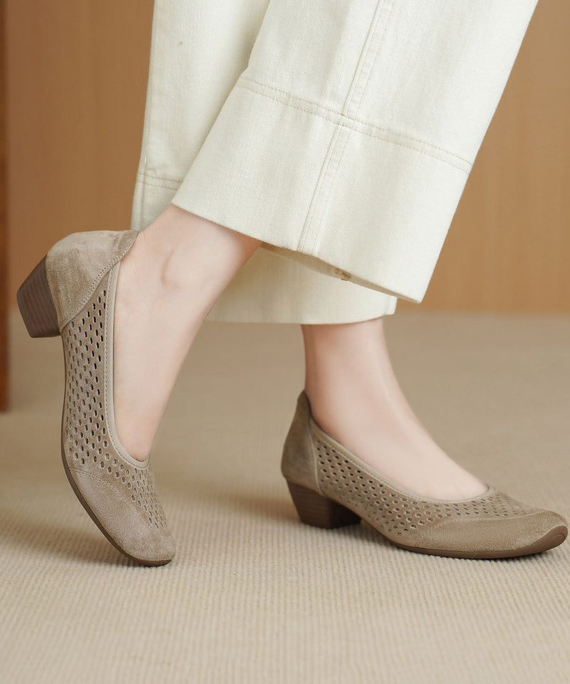 New Khaki Chunky Shoes Suede Comfy Splicing Hollow Out