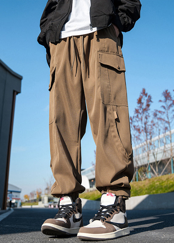 New Khaki Lace Up Pockets Cotton Beam Pants Spring