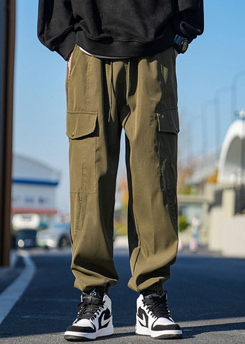 New Khaki Lace Up Pockets Cotton Beam Pants Spring