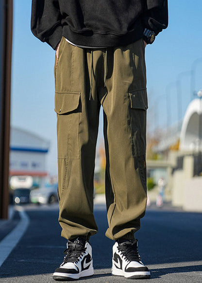 New Khaki Lace Up Pockets Cotton Beam Pants Spring