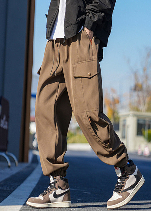 New Khaki Lace Up Pockets Cotton Beam Pants Spring