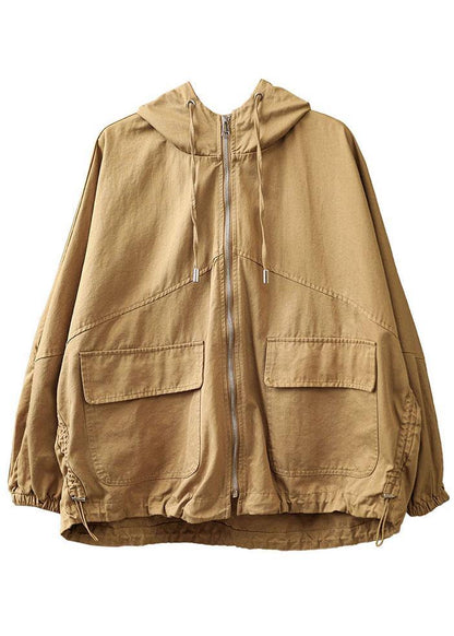 New Khaki Loose Hooded Pockets Fall Long Sleeve Coat
