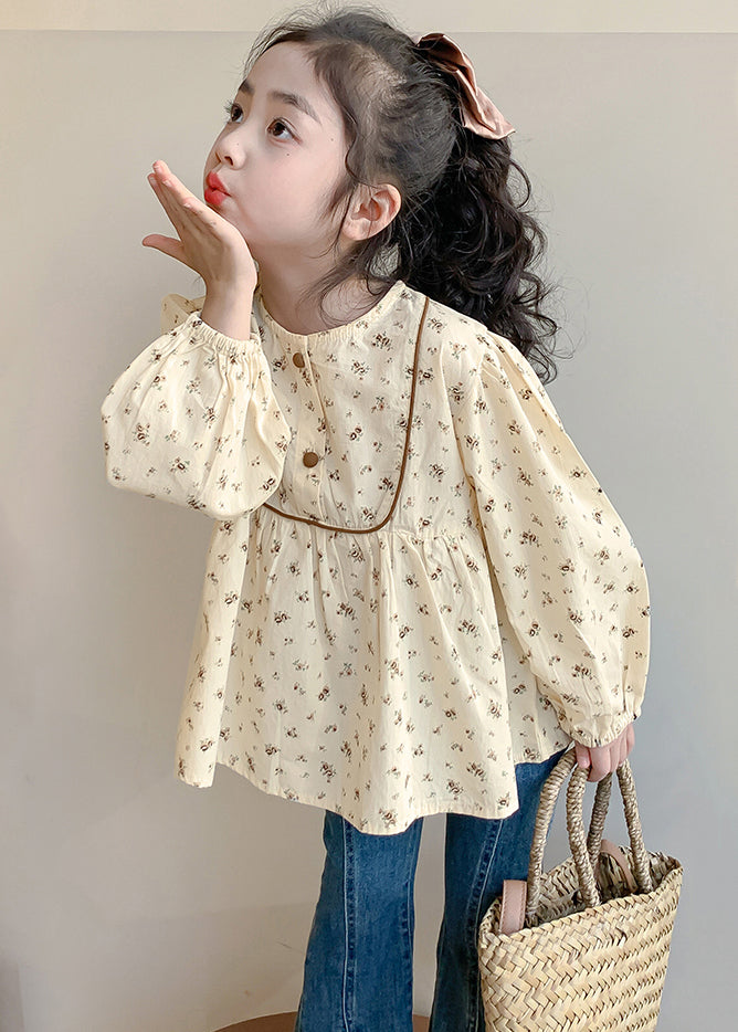 New Khaki O-neck Print Cotton Shirt Long Sleeve