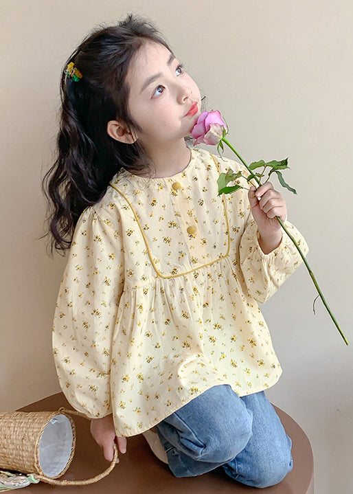 New Khaki O-neck Print Cotton Shirt Long Sleeve