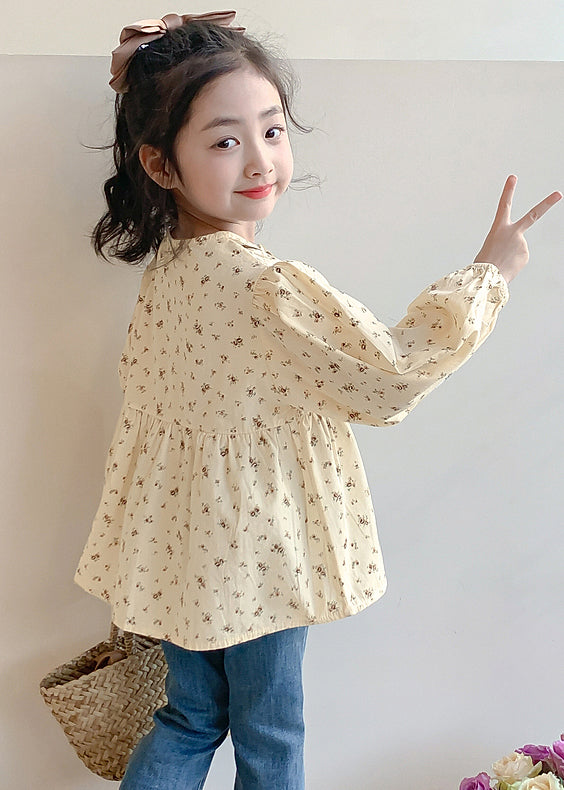 New Khaki O-neck Print Cotton Shirt Long Sleeve