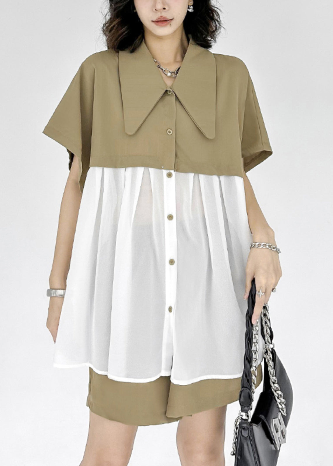 New Khaki Peter Pan Collar Wrinkled Chiffon Patchwork Tops and Shorts Two Pieces Set Summer