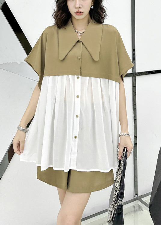 New Khaki Peter Pan Collar Wrinkled Chiffon Patchwork Tops and Shorts Two Pieces Set Summer