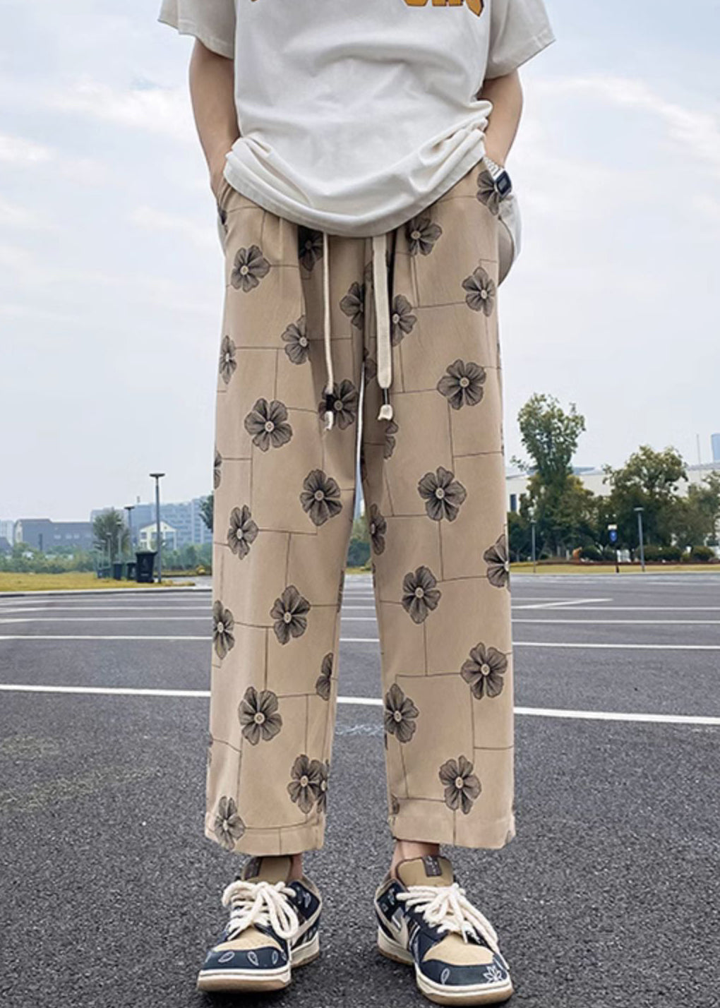 New Khaki Print Elastic Waist Cotton Crop Pants Summer