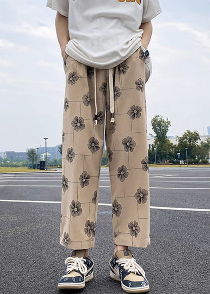 New Khaki Print Elastic Waist Cotton Crop Pants Summer