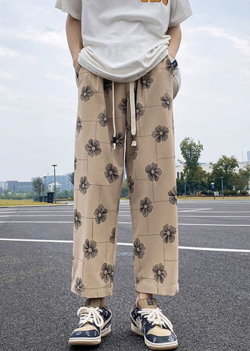 New Khaki Print Elastic Waist Cotton Crop Pants Summer
