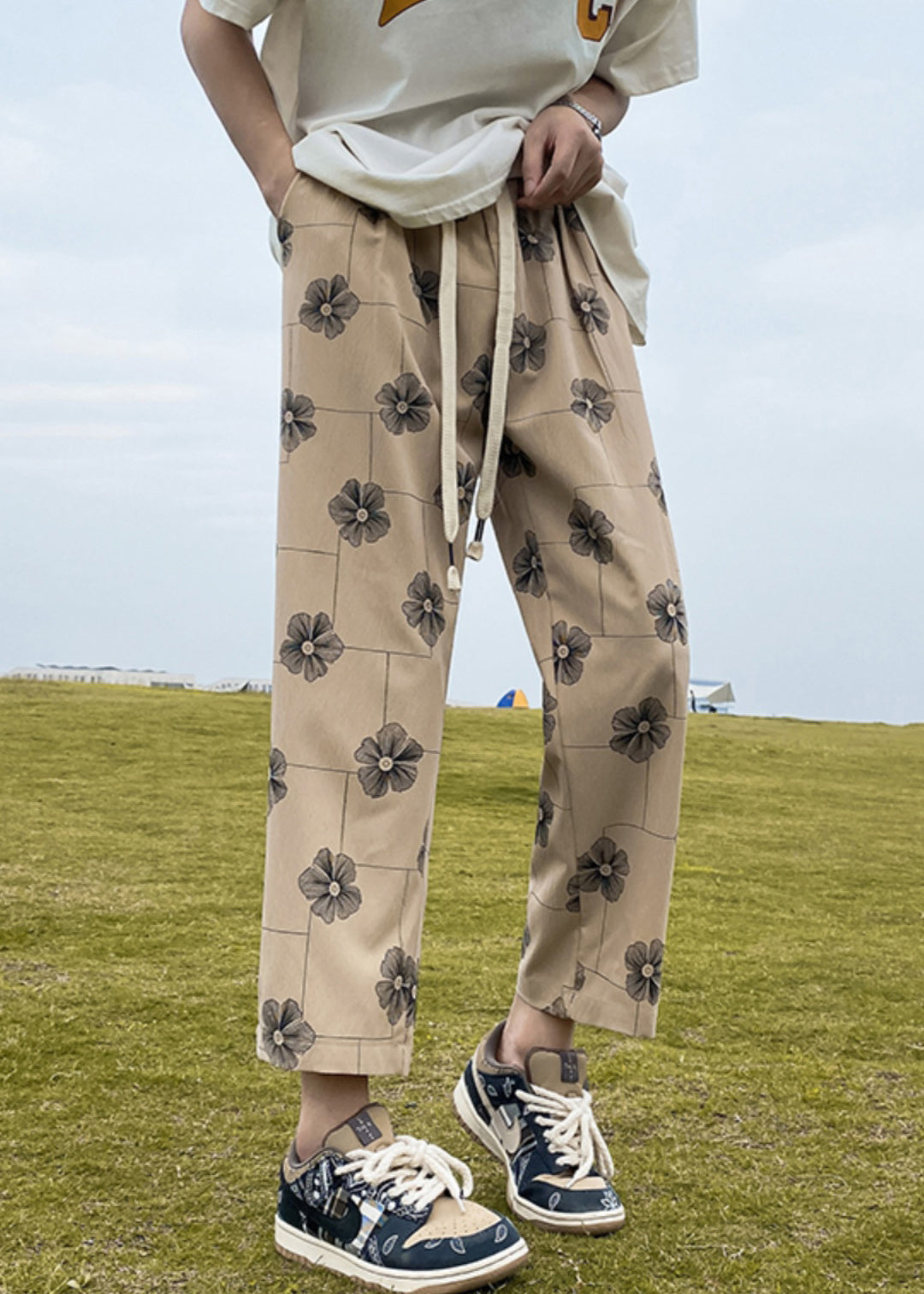 New Khaki Print Elastic Waist Cotton Crop Pants Summer
