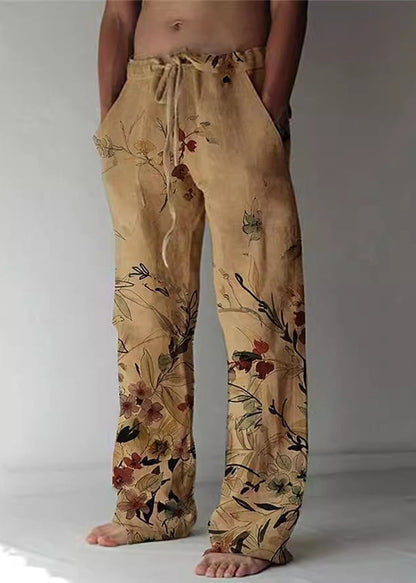 New Khaki Print Elastic Waist Cotton Pants Summer