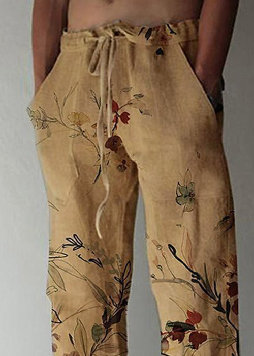 New Khaki Print Elastic Waist Cotton Pants Summer
