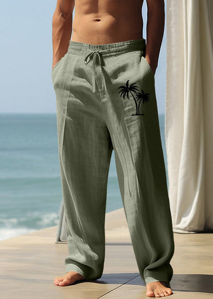 New Khaki Print Elastic Waist Linen Pants Summer