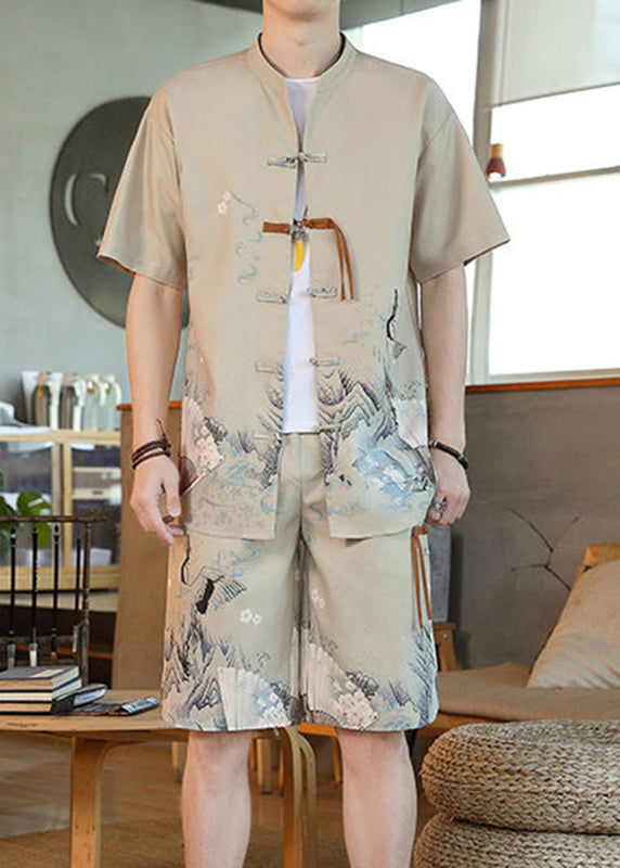 New Khaki Print Moisture Wicking Ice Silk Shirt and Shorts Two Pieces Set Short Sleeve