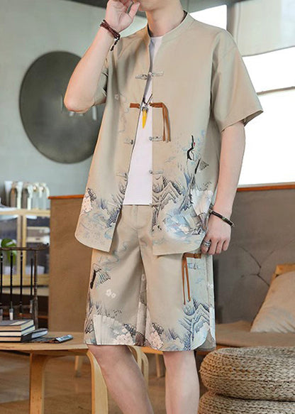 New Khaki Print Moisture Wicking Ice Silk Shirt and Shorts Two Pieces Set Short Sleeve