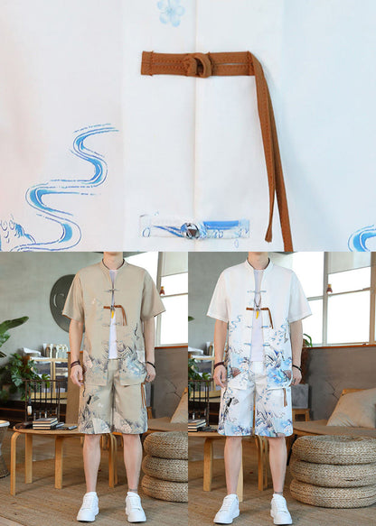 New Khaki Print Moisture Wicking Ice Silk Shirt and Shorts Two Pieces Set Short Sleeve