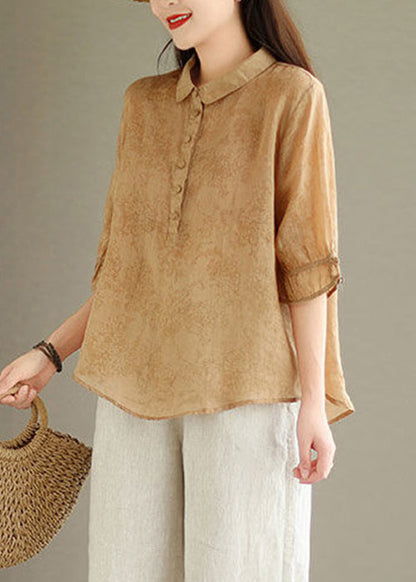 New Khaki Button Print Linen Shirt Summer