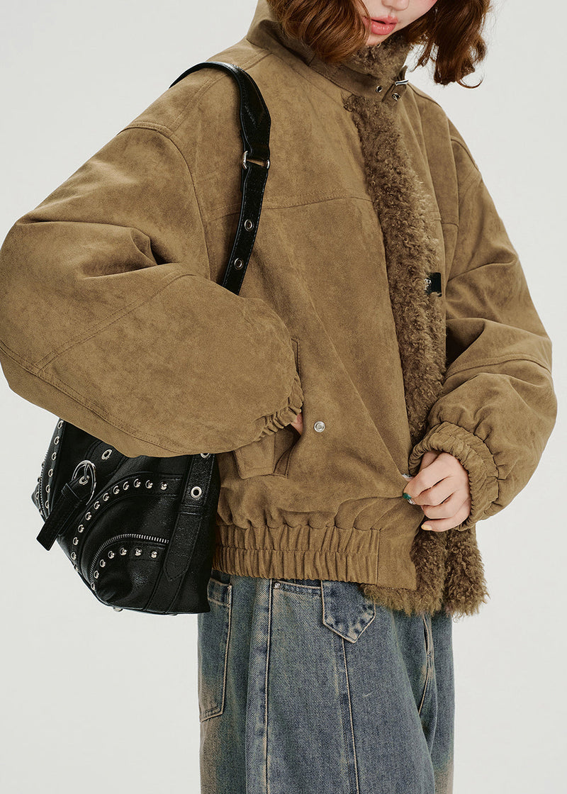 New Khaki Stand Collar Teddy Faux Fur Patchwork Cotton Filled Jacket Winter