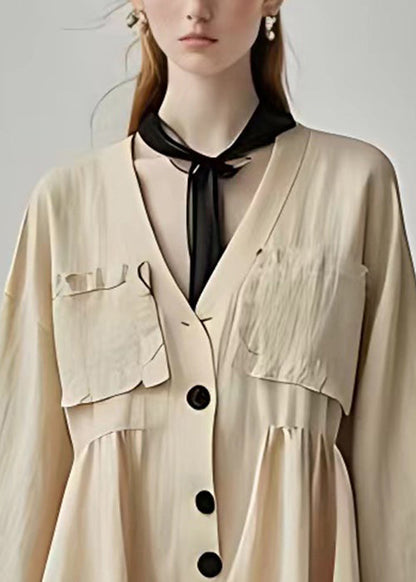 New Khaki V Neck Button Cotton Coat Bracelet Sleeve