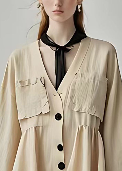 New Khaki V Neck Button Cotton Coat Bracelet Sleeve