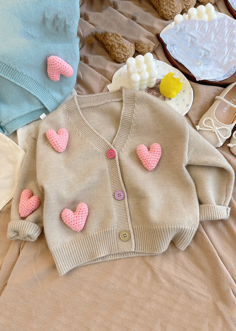 New Khaki V Neck Love Cotton Knit Cardigan Spring