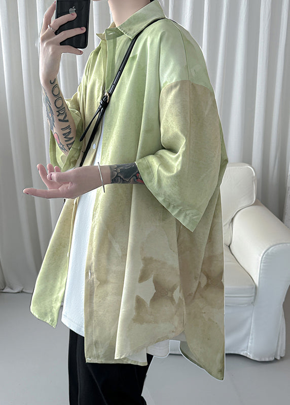 New Light Green Peter Pan Collar Tie Dye Cotton Shirts Summer