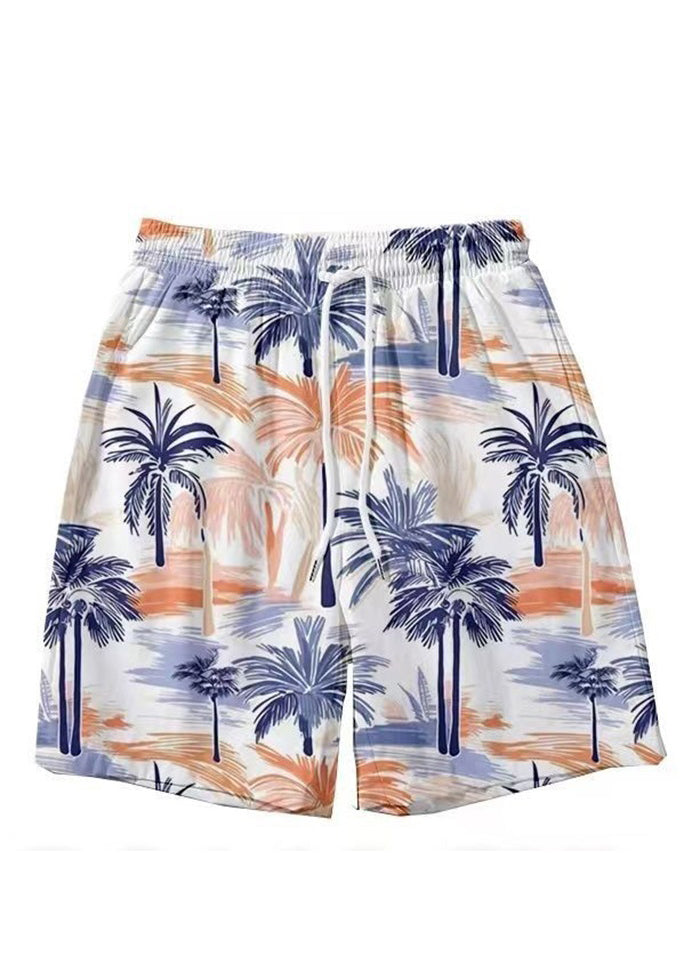 New Light Khaki Lace Up Print Elastic Waist Cotton Shorts Summer