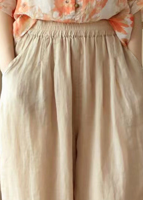New Light Khaki Pockets High Waist Linen Harem Pants Summer