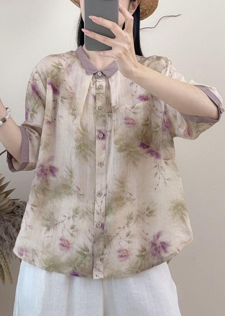 New Loose Blue Peter Pan Collar Print Linen Shirt Summer