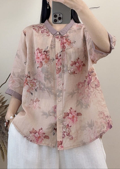 New Loose Blue Peter Pan Collar Print Linen Shirt Summer