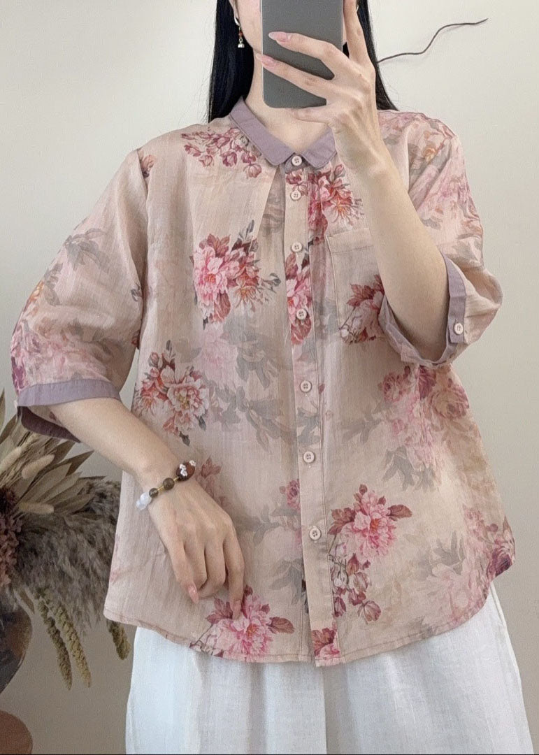 New Loose Blue Peter Pan Collar Print Linen Shirt Summer
