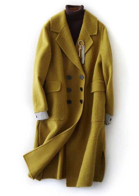 New Loose Fitting Long Winter Coat Side Open Outwear Green Notched Woolen Coats