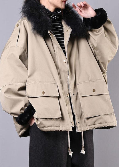 New Loose Fitting Snow Jackets Pockets Winter Coats Khaki Faux Fur Collar Outfit