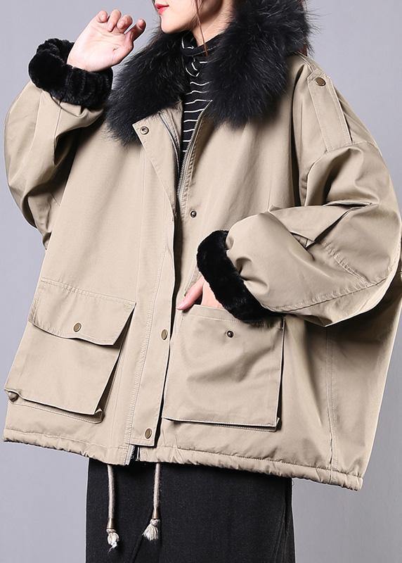 New Loose Fitting Snow Jackets Pockets Winter Coats Khaki Faux Fur Collar Outfit