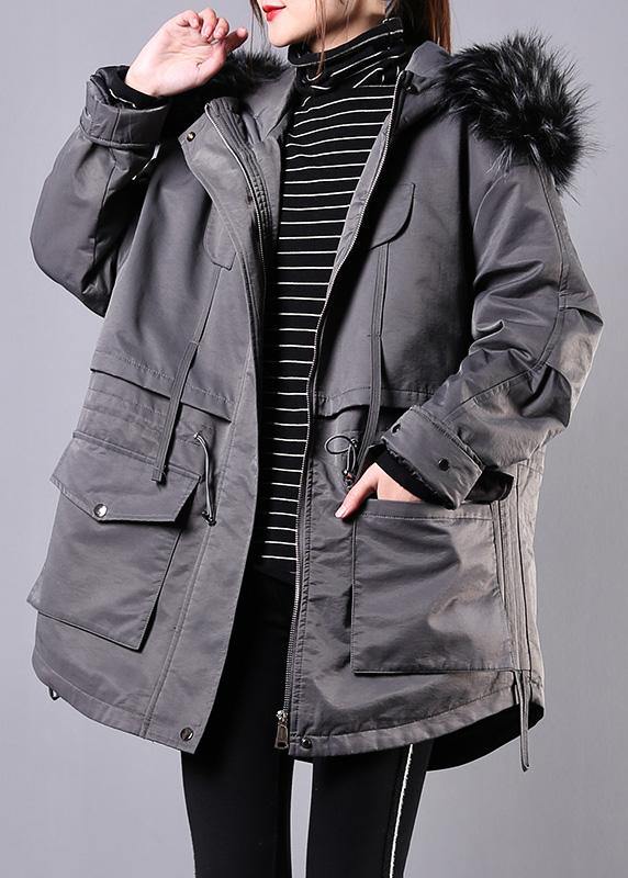 New Loose Fitting Winter Coats Gray Hooded Fur Collar Parka
