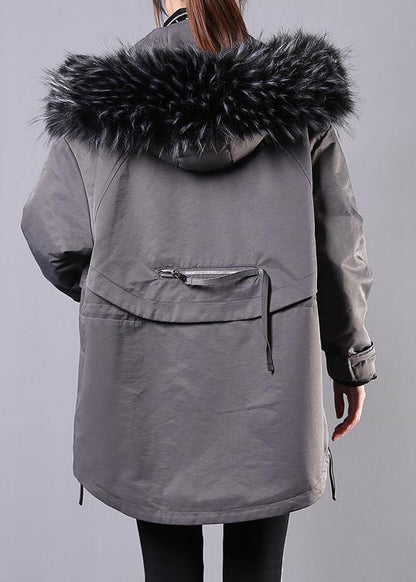 New Loose Fitting Winter Coats Gray Hooded Fur Collar Parka
