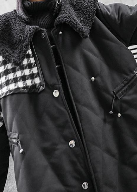 New Loose Fitting Winter Jacket Overcoat Black Patchwork Plaid Sailor Collar Coat