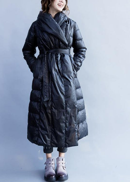 New Loose Fitting Parka Stand Collar Coats Black Tie Waist Down Jacket Woman