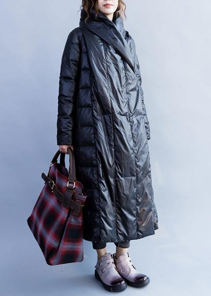 New Loose Fitting Parka Stand Collar Coats Black Tie Waist Down Jacket Woman