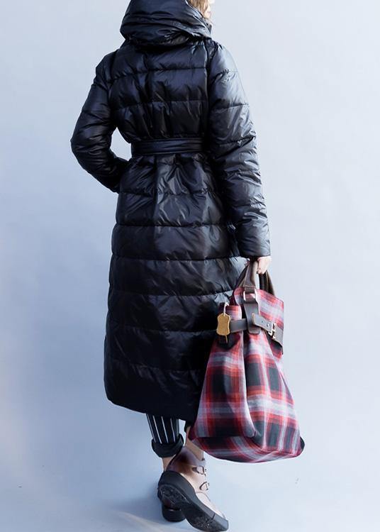 New Loose Fitting Parka Stand Collar Coats Black Tie Waist Down Jacket Woman