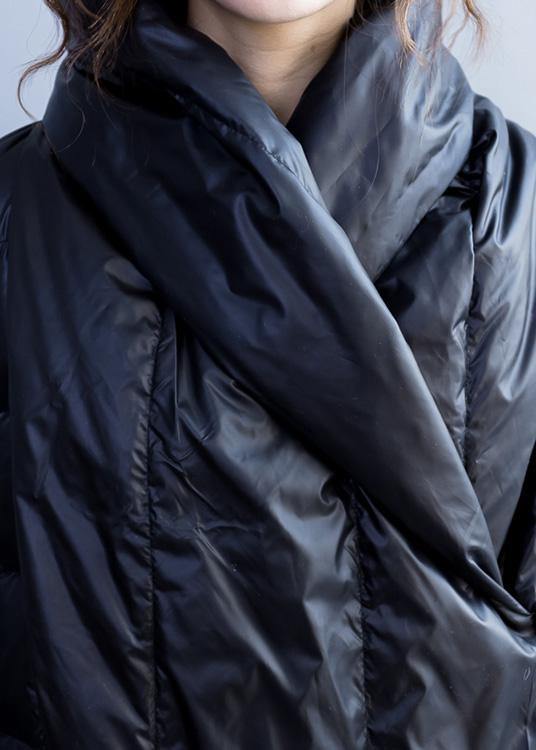 New Loose Fitting Parka Stand Collar Coats Black Tie Waist Down Jacket Woman