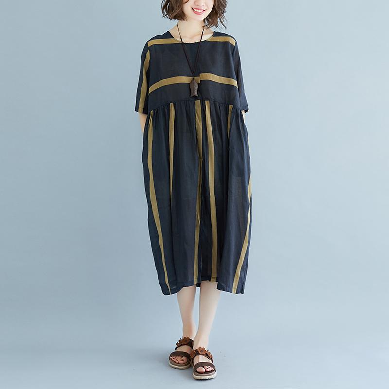 New Midi-length Linen Dress Oversized Round Neck Short Sleeve Pockets Stripe Pleated Slit Dress