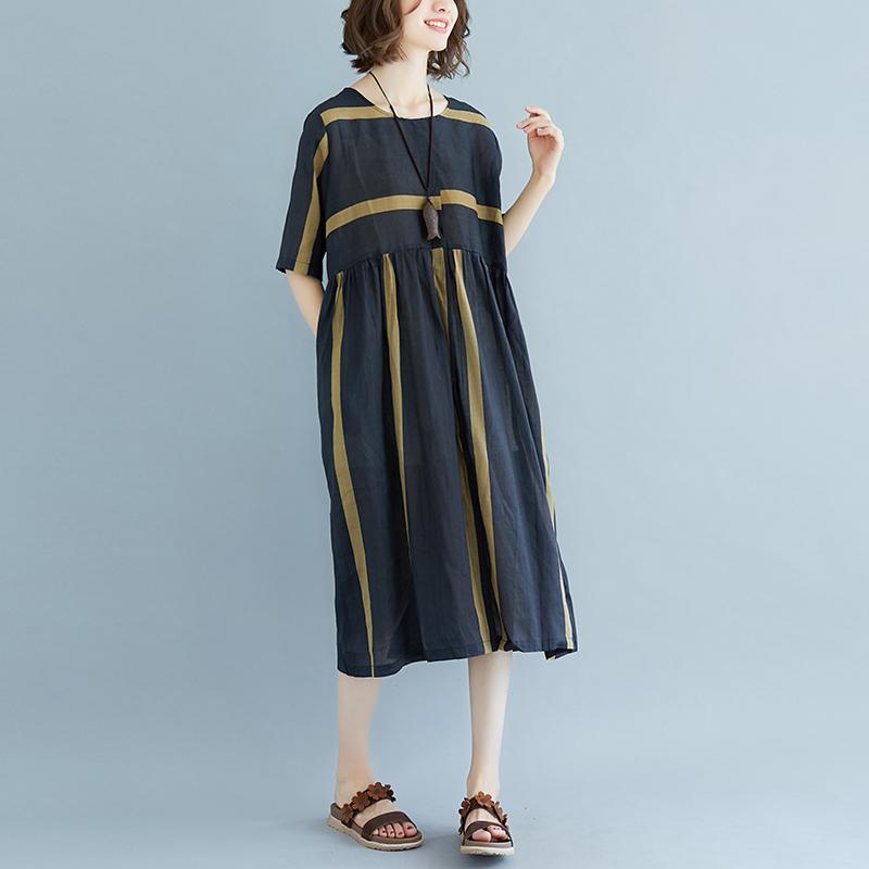 New Midi-length Linen Dress Oversized Round Neck Short Sleeve Pockets Stripe Pleated Slit Dress